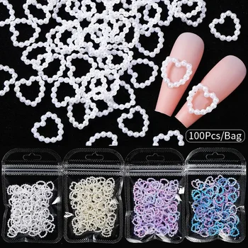 100 бр/пакет, 3D окачване за дизайн нокти с перли във формата на куха сърце, бели, розови, лилави, перлени, кръгли, с фиксирана облегалка, декорации за нокти, аксесоари за нокти DIY