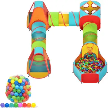 200 Меки Мини-пластмасови топки за игра на топка, 8 Цвята с Игрални Палатки от 7шт, Тунели за проследяването стъпки пълзи и площадка за игри с топка