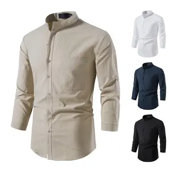 2023 Мъжка риза с дълги ръкави на ленено копчета, Пролетно-лятна риза за плажната йога, релаксация, мъжки