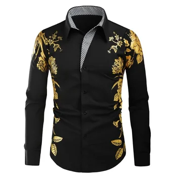 2023 Мъжки монтиране на нови модни мъжки ежедневни ризи с позлатени релефни и дълъг ръкав