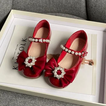 2023 Нови Меки Модерни детски обувки Мери Джейн за момичета с лък и перли, Универсална Проста детски Ежедневни обувки, Мокасини в платформата