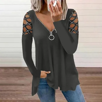 2024 Дамска Елегантна блуза С V-образно деколте, Отворени върхове, Обикновен пуловери за партита, Модни риза с цип наполовина.