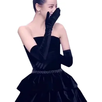 2024 Черни кадифени Дълги вечерни ръкавици оперна дължина За жени, аксесоари за сватбени партита