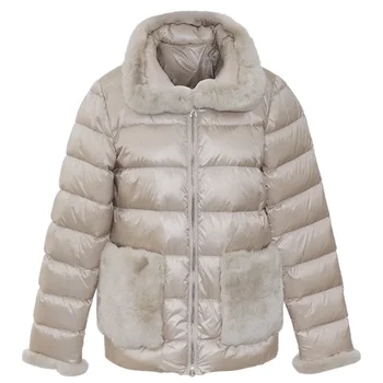 2024 нова зимно палто от естествена кожа заек, 90% бял утиный пух, дамски дебела топла къс naka парк, фино дамско палто пуховое 0
