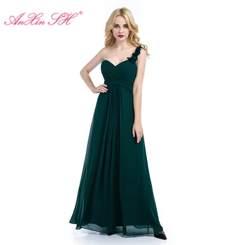 AnXin SH черновато-зелена шифоновое дълга вечерна рокля в едно цвете винтажное принцеса рокля с едно рамо, без ръкави за шаферките синя вечерна рокля