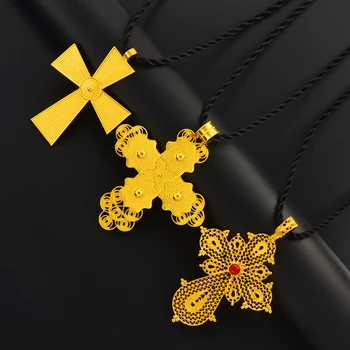 Anniyo Окачване с кръст от Эфиопского злато, Черна въже, украси за сватбени партита в Еритрея, Африкански кръстове #160516