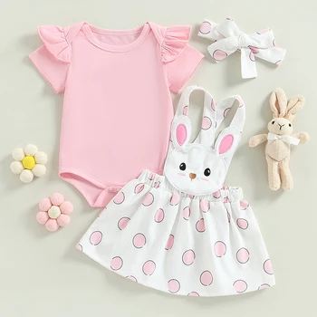 Citgeett Годишният Великденски комплект дрехи за новородени момичета, монофонични гащеризон с къси ръкави, поли с кроличьими лямками, гащеризон, комплект превръзка на главата 0