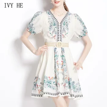 IVY HE Бохемска Resort, мини рокли с романтични принтом, 2023, Секси лятна рокля винтажного дизайн с V-образно деколте и къс ръкав, дебнещ кръста, Трафика на