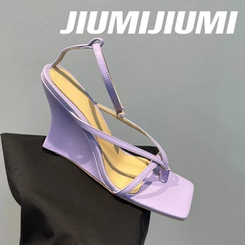 JIUMIJIUMI Кожени Сандали ръчна изработка на платформа с каишка на щиколотке, Тясна лента, Джапанки на танкетке, Сандали на токчета, Лятна обувки Zapatos Mujer 0
