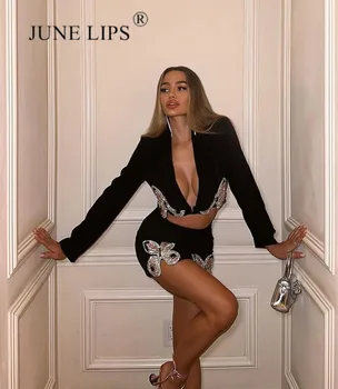 JUNE LIPS най-Новият дизайнерски костюм за модния подиум 2023 г., женски Луксозен комплект с къс блейзером и пола, расшитый диаманти, расшитый мъниста