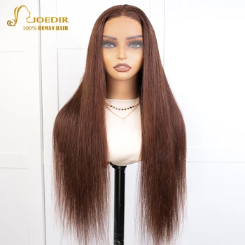 Joedir 13x5 HD Прозрачен перука от естествена коса на дантели, перуки за жени, права коса Remy шоколадово-кафяв цвят с дължина 30 инча 0