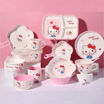 Kawaii Sanrio Детска Посуда Домакински Мультяшная Здравей Kittys Меламиновая В стил Ins С Чиния + Купа + Чаша Детски Подарък
