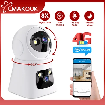 LMAKOOK 6-Мегапикселова Двухобъективная 4G PTZ Камера С Двойна Екран, 8-кратно Увеличение AI Проследяване на Човек В помещението, Сигурността на Wi-Fi IP Камера за Видеонаблюдение Yoosee