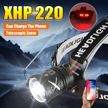 Led прожекторите XHP220 Акумулаторна Фенерче за риболов на открито, Мощен фар с увеличение, мощен Дальнобойный Работен Главоболие фенер