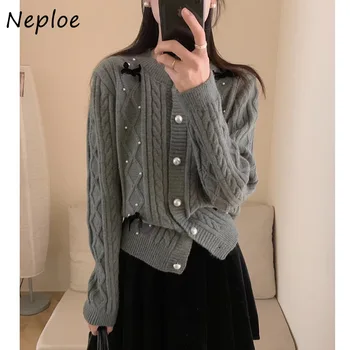 Neploe 2024, Пролетта на Корейски пуловер с перла бутони, палта, Женски вязаный жилетка с кръгло деколте и лък