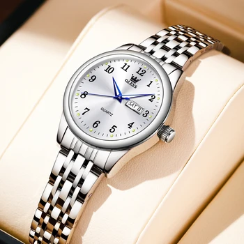 OLEVS Луксозни кварцови часовници за жени Елегантни часовници е от неръждаема стомана Светлинен водоустойчив ръчен часовник с дата на седмица Дамски часовници за рокли