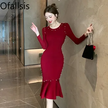 Ofallsis Модерен стил, Вечерна рокля-пуловер с мъниста, есен-зима 2024, Нови плетени рокли със средна дължина, с мирис на формата на рибено опашката