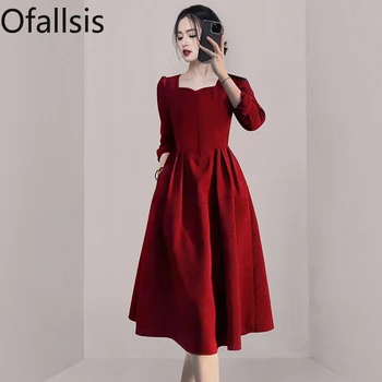 Ofallsis Темпераментное Вино-червена рокля с квадратни деколтета 2023, нови Есенни женски Френски луксозни сватбени и вечерни рокли с дълъг ръкав за тостер