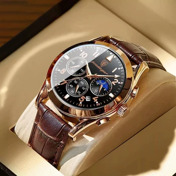 POEDAGAR Модерен Мъжки часовник хронограф Кожени кварцови часовници Спортни шестоъгълник луксозни мъжки ръчен часовник Водоустойчив с нежна дата