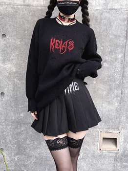 Ruibbit Harajuku, готическата бродерия с дупки, Дълъг ръкав, Дамски пуловер с кръгло деколте в стил пънк, свободни реколта пуловери с черни букви