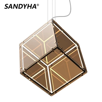 SANDYHA Nordic Modern Rubik's Cube Led Полилей Бронзов Стъклена Окачена Лампа за Ресторант с Трапезария и Бар Начало Декор Hanglamp