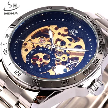 SHENHUA Луксозна Марка Skeleton Автоматични Часовници Мъжки Механични Часовници с Модни Черни Ръчен Часовник От Неръждаема Стомана Relogio Musculino