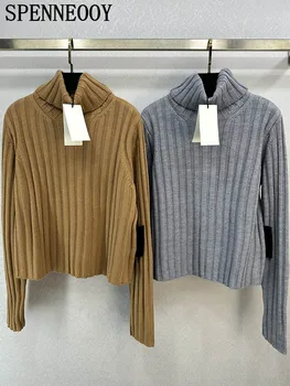SPENNEOOY, Модерен дизайнерски есенно-зимни всекидневни пуловери Camel, дамски пуловери с високо воротом, Обикновена пуловери от ребрена плетени с дълъг ръкав
