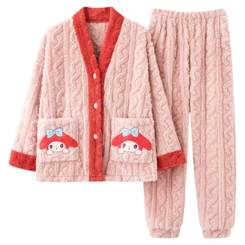 Sanrio My Melody/ дамски плюшен нощница, есен-зима, хубаво момиче, свободни ежедневни пижамные комплекти с анимационни бродерия, халати от коралов руно