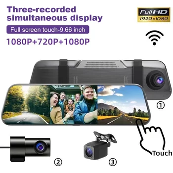 Slr камера за кола, Видео, сензорен екран, огледалото за обратно виждане, видео рекордер, предна и задна камера 1080P HD, автомобилен видеорекордер с Wi-Fi черен