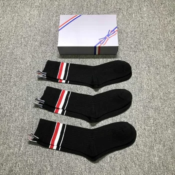 TB 3 Чифта Мъжки Чорапи Памук Висококачествени Класически Чорапи RWB в лента за екипажа Луксозна Марка, Модерни Меки Дишащи унисекс Чорапи 0