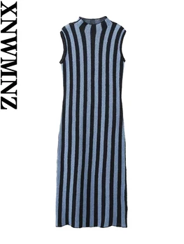 XNWMNZ Дамска мода 2023 Вязаное рокля в контрастни райета, женствена рокля с високо воротом, без ръкави, гъвкави дамски рокли Midi