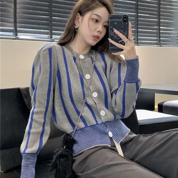 Xpqbb Корейски модерен вязаный жилетка за отслабване, женски Ретро фланелка в контрастни райета, Женски Кратък пуловер с дебели меки бутони