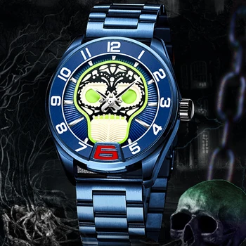 Автоматични часовници Skull Tourbillon Skeleton Мъжки Флуоресцентни Механичен Мъжки часовник Водоустойчив Сини Montre Homme от неръждаема стомана New