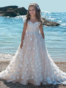 Бална рокля от тюл с дантела аппликацией, рокли с цветя модел за момичета на сватба, Първо причастие за деца, детски рожден ден.