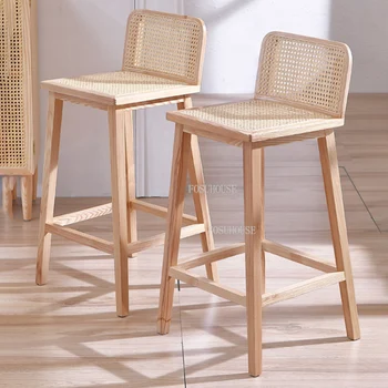 Бар стол от масивно дърво в скандинавски стил, столове от европейския ратан с високи крака, модерен минималистичен столче за хранене с гръб за кухня, мебели за дома