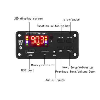 Безжична такса MP3 WMA декодер Подкрепа аудиомодуля Bluetooth 5.0 USB TF AUX вход FM Аудио радиомодуль Музикален плейър Автомобилни аксесоари