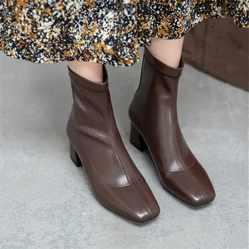 Ботильоны за жени; модни обувки с квадратни пръсти; есенни къси ботуши с цип на квадратен ток; Удобни дамски обувки черен, кафяв, бежов цвят.