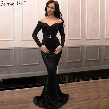 Вечерни рокли Dubai Black с дълъг ръкав и пайети 2023, луксозни лъскави секси вечерна рокля с открити рамене Serene Hill LA60843