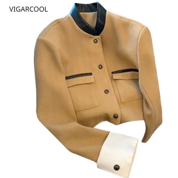 Винтажное дамско палто с дълги ръкави в стил мозайка с висока яка, пролет и есен 2023, нов модерен кратък топ в стил мозайка
