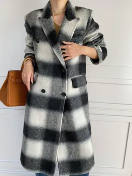 Висококачествено дамско палто, вълнена в клетката, Двубортное Елегантно дамско палто с дълги ръкави, Есен-Зима 2023, Ново Твидовое палто със средна дължина