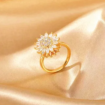Въртящи се Кристални пръстени с Подсолнухом за жени и мъже, Регулируеми пръстени с цирконии срещу стрес, притеснение, Неспокойни, бижута, Сватбен подарък
