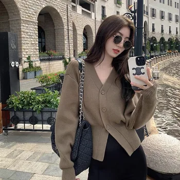 Вязаный шик жилетка с V-образно деколте, дамски ежедневни универсални популярни пуловери, палта, модни обикновена върховете в корейски стил