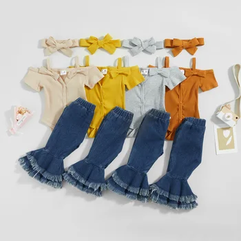 Годишният брючный костюм Citgeett за момичета с къс ръкав, риза-гащеризон копчета + панталони-клеш + превръзка на главата