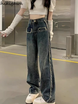 Градинска Облекло Y2k Дънки за Жени Модни Реколта Harajuku Широки Панталони С Висока Талия Директни Ежедневни Панталони Корейски Pantalon Femme