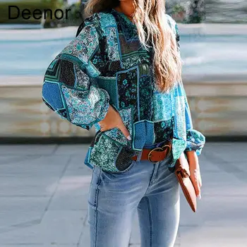 Дамска блуза Deenor от шифон с бохемски принтом, риза с дълъг ръкав-на мехура, ежедневни свободна риза, базова риза за почивка 0