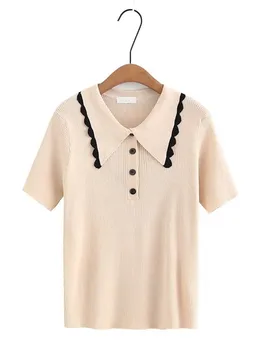 Дамска лятна тениска на големия размер, с ревера, тениска с вълнообразна повърхност, трикотажная еластична тениска с тънки вертикални ивици и текстура