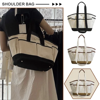 Дамска чанта-тоут, холщовая Дамска чанта-тоут Контрастни цветове, модни и Ежедневни чанта за почивка с Голям капацитет, Многофункционална чанта за мама