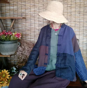 Дамски бельо яке в контрастен цвят в стил мозайка, палта, връхни дрехи, Винтажное женски ленено Свободно палто на 2018 г., есента и пролетта палто
