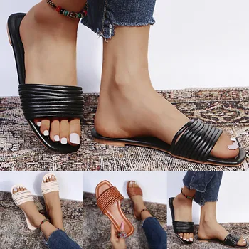 Дамски летни цветни плоски дишащи модерни чехли големи размери, дамски сандали голям размер, широки дамски чехли