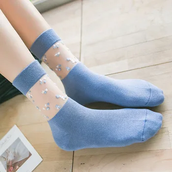 Дамски памучни чорапи за спорт и почивка за корейски момичета, коприна Sweet Card, Мрежести чорапи на точки с дългата шевове и кристали